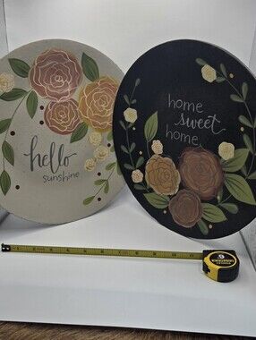 Resin Decor Plates Lot Of 2 Home Sweet Home Hello Sunshine Floral Painted Decor